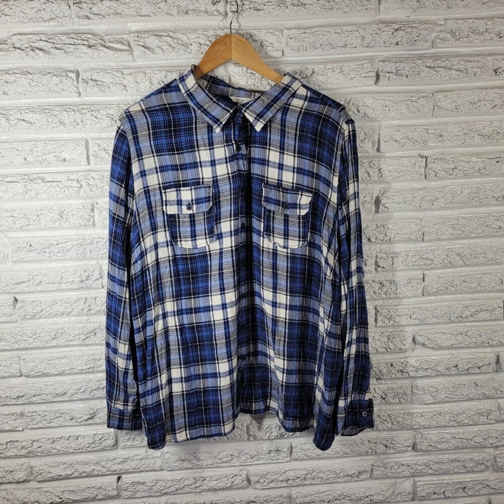 Cato Est 1946 Women Top 26W 28W Plus Long Sleeve Blue Plaid Pockets PLA68E